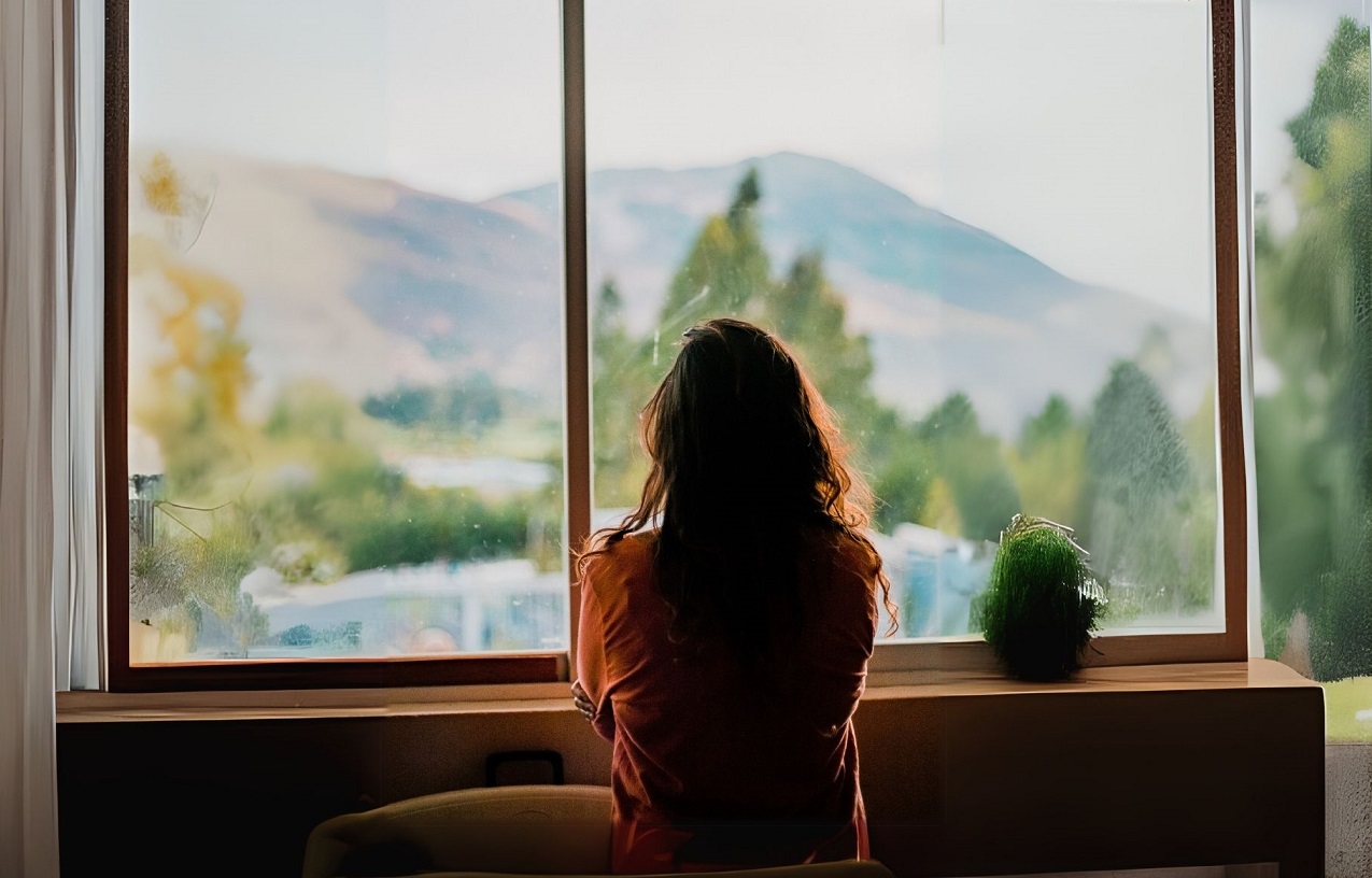 Frau schaut aus dem Fenster