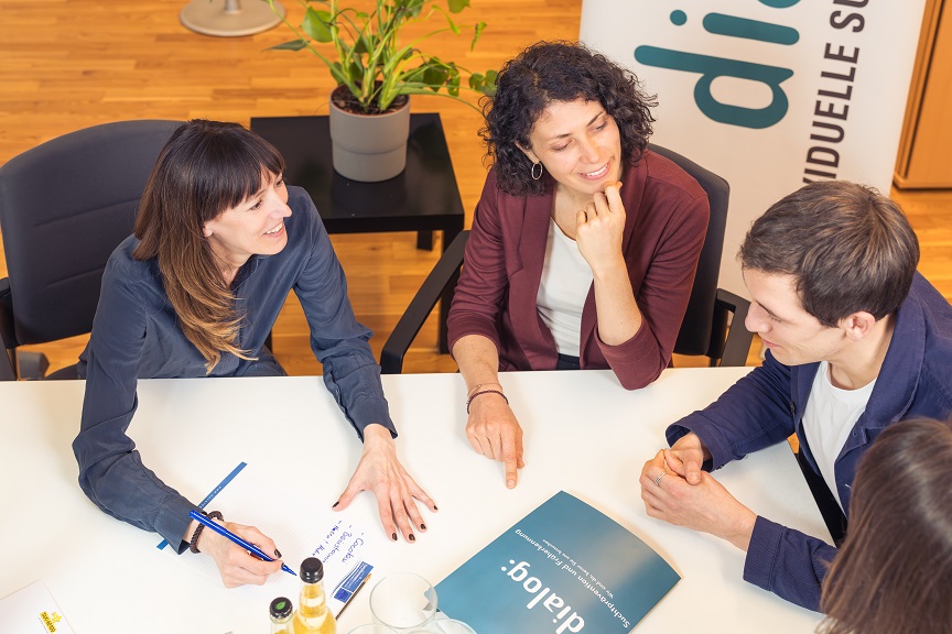 Besprechungssituation mit vier Personen im Dialog